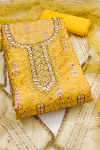 Yellow sequins organza semi stitched churidar dress-materials