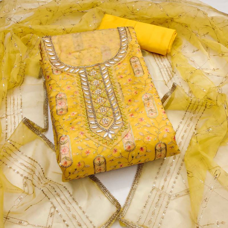 Yellow sequins organza semi stitched churidar dress-materials