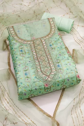 Sea-green sequins organza semi stitched churidar dress-materials