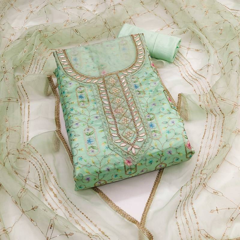 Sea-green sequins organza semi stitched churidar dress-materials