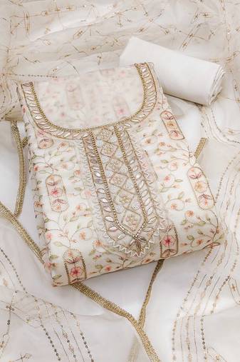 White sequins organza semi stitched churidar dress-materials