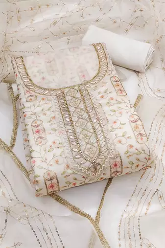 White sequins organza semi stitched churidar dress-materials