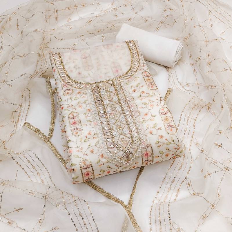 White sequins organza semi stitched churidar dress-materials