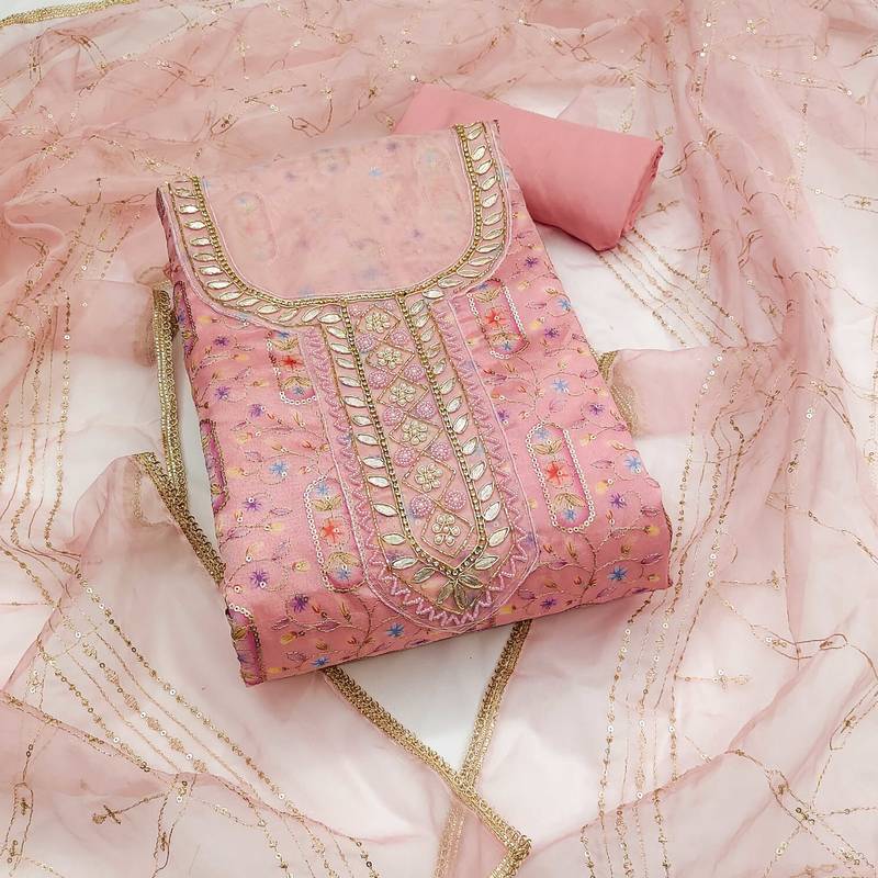 Pink sequins organza semi stitched churidar dress-materials
