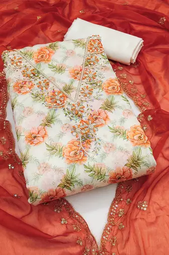 Multicolor hand embroidery cotton semi stitched churidar dress-materials