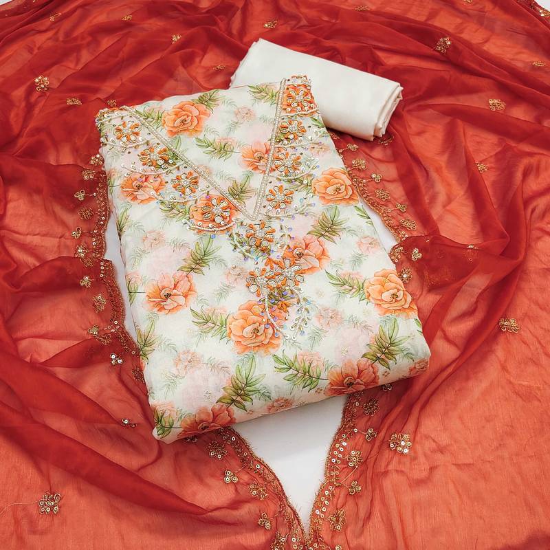 Multicolor hand embroidery cotton semi stitched churidar dress-materials