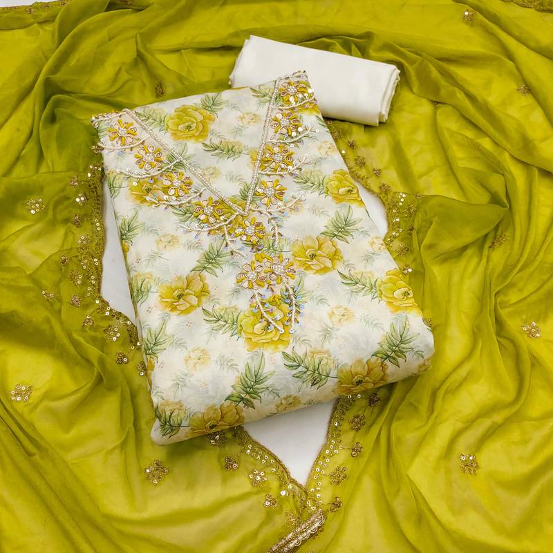 Multicolor hand embroidery cotton semi stitched churidar dress-materials