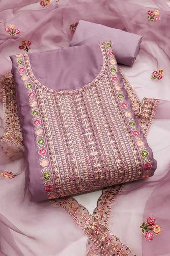 Purple embroidered cotton silk semi stitched churidar dress-materials