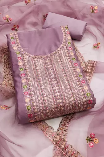 Purple embroidered cotton silk semi stitched churidar dress-materials