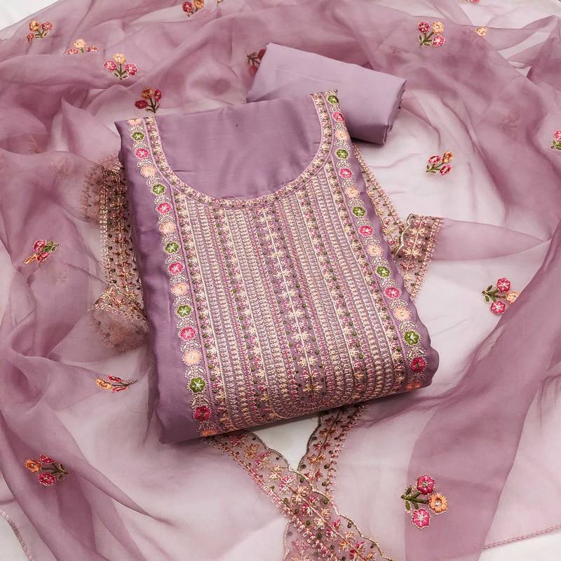 Purple embroidered cotton silk semi stitched churidar dress-materials