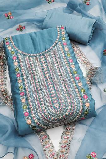 Sky-blue embroidered cotton silk semi stitched churidar dress-materials