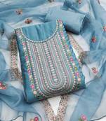 Sky-blue embroidered cotton silk semi stitched churidar dress-materials