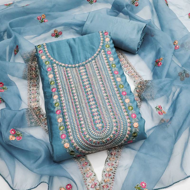 Sky-blue embroidered cotton silk semi stitched churidar dress-materials