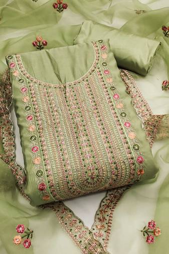 Light-green embroidered cotton silk semi stitched churidar dress-materials