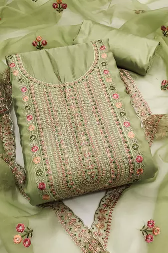 Light-green embroidered cotton silk semi stitched churidar dress-materials