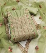 Light-green embroidered cotton silk semi stitched churidar dress-materials