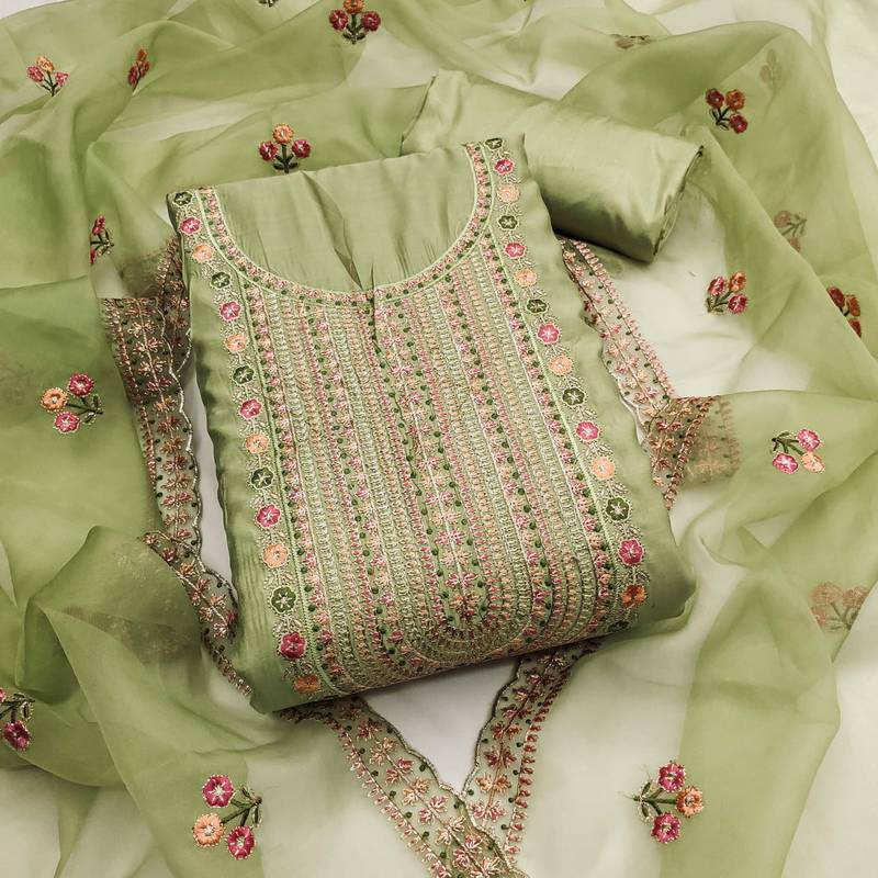 Light-green embroidered cotton silk semi stitched churidar dress-materials