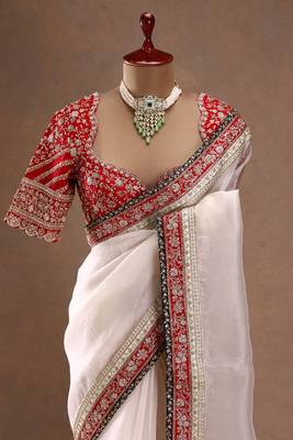 White Color Embroidered Space Silk Saree 1