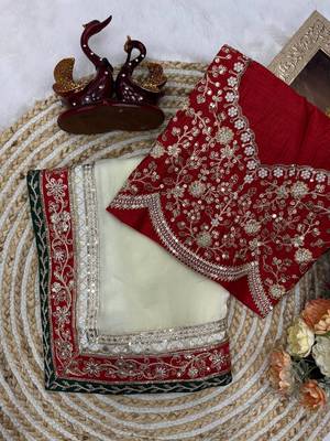 White Color Embroidered Space Silk Saree 3