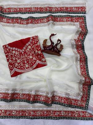 White Color Embroidered Space Silk Saree 4