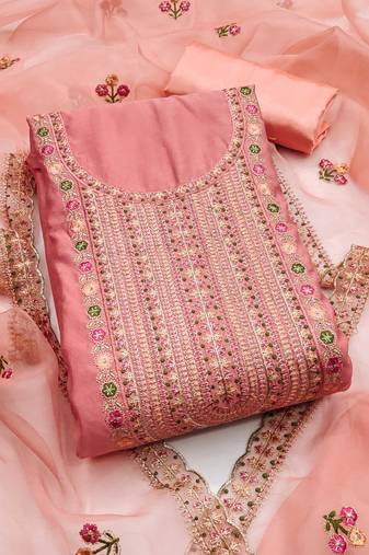Peach embroidered cotton silk semi stitched churidar dress-materials
