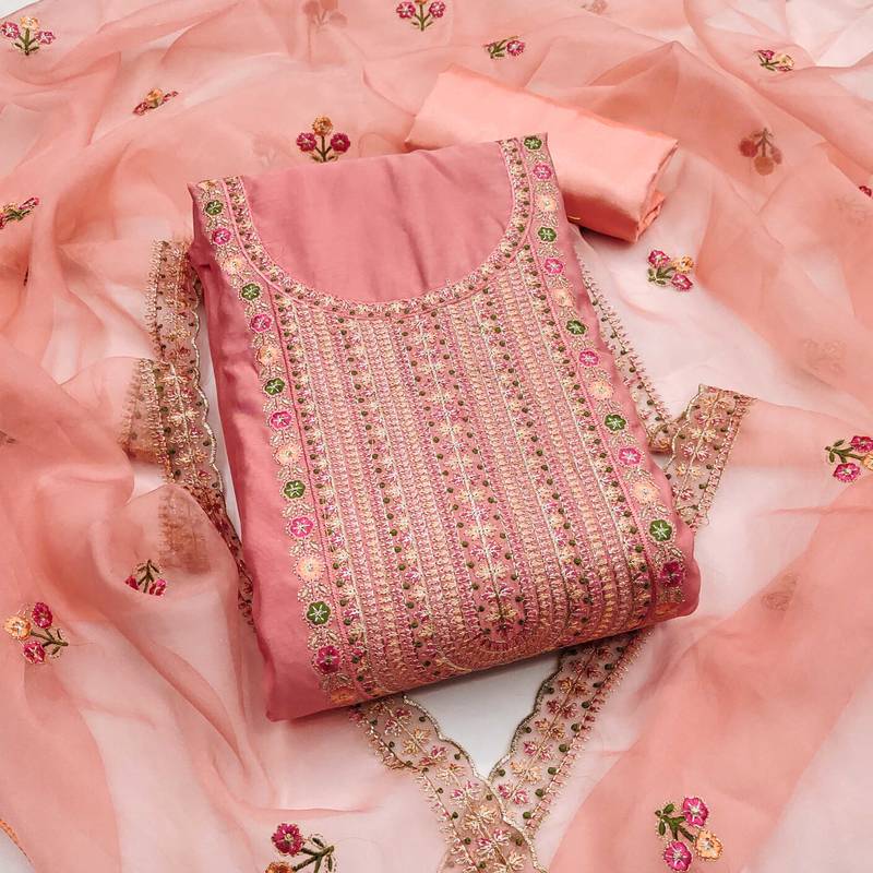Peach embroidered cotton silk semi stitched churidar dress-materials