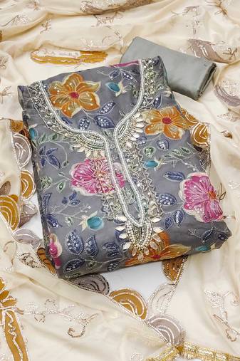 Grey sequins organza semi stitched churidar dress-materials