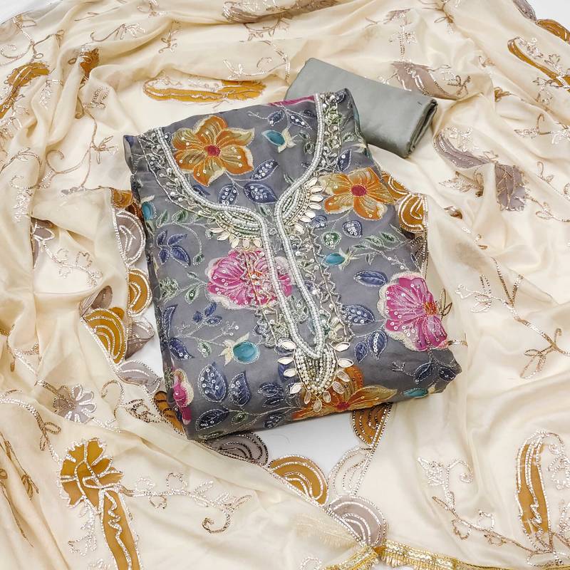 Grey sequins organza semi stitched churidar dress-materials