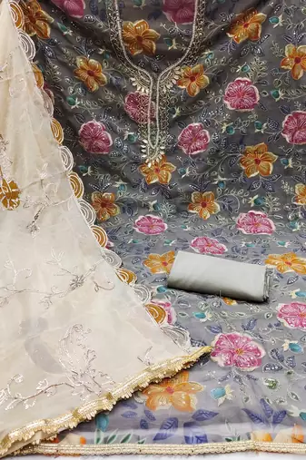 Grey sequins organza churidar dress-materials