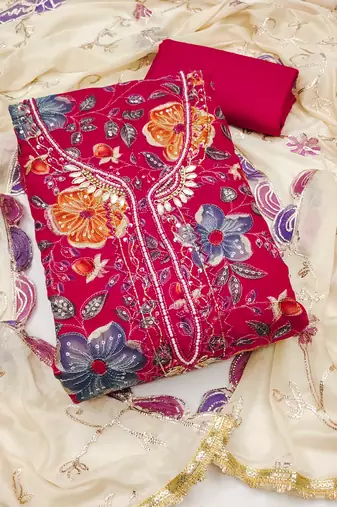 Pink sequins organza semi stitched churidar dress-materials