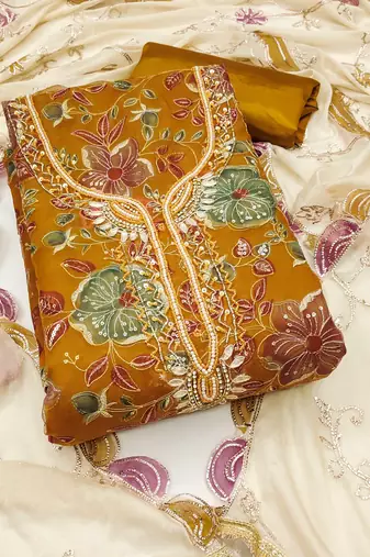 Mustard sequins organza semi stitched churidar dress-materials