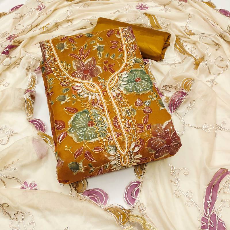 Mustard sequins organza semi stitched churidar dress-materials