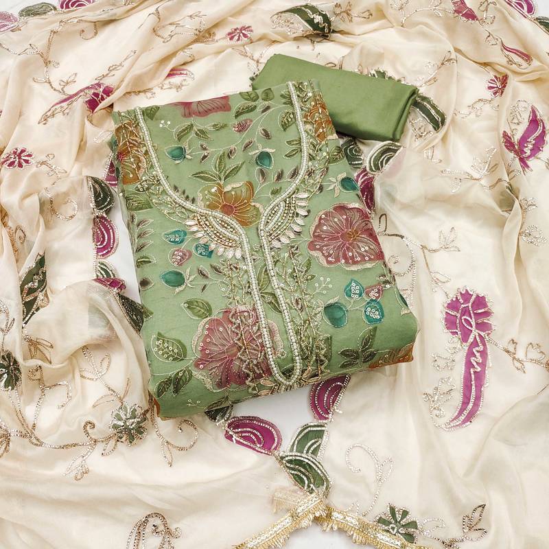 Light-green sequins organza semi stitched churidar dress-materials