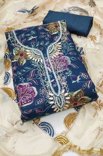 Blue sequins organza semi stitched churidar dress-materials