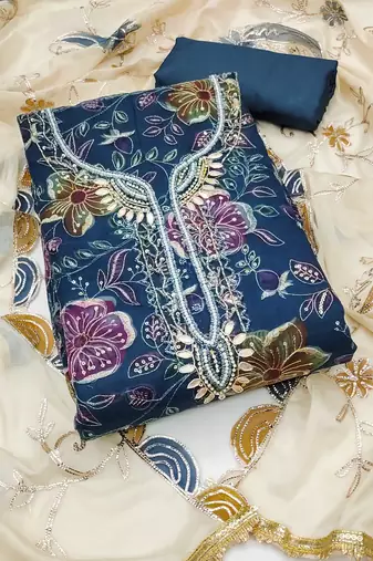 Blue sequins organza semi stitched churidar dress-materials