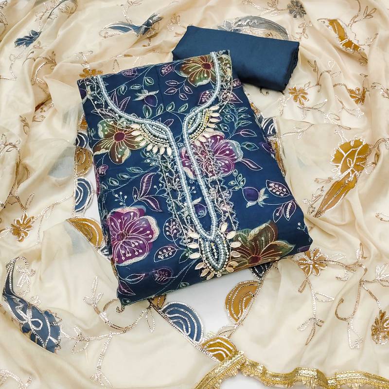 Blue sequins organza semi stitched churidar dress-materials