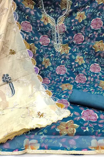 Blue sequins organza semi stitched churidar dress-materials