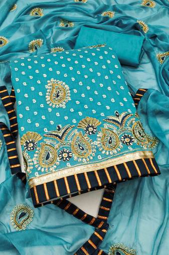 Blue embroidered cotton semi stitched churidar dress-materials