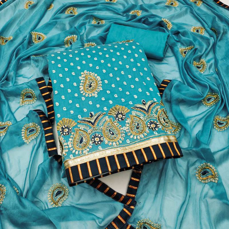 Blue embroidered cotton semi stitched churidar dress-materials