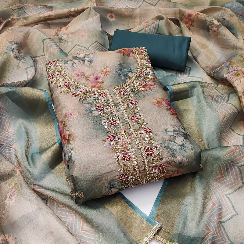 Multicolor hand embroidery viscose semi stitched churidar dress-materials