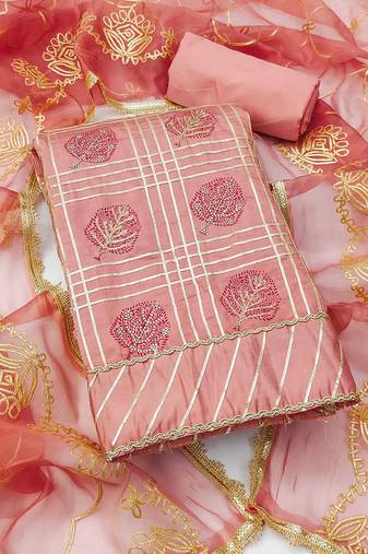 Peach embroidered cotton silk semi stitched churidar dress-materials
