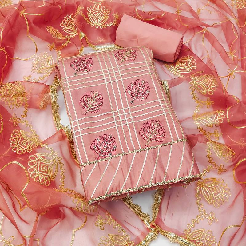 Peach embroidered cotton silk semi stitched churidar dress-materials