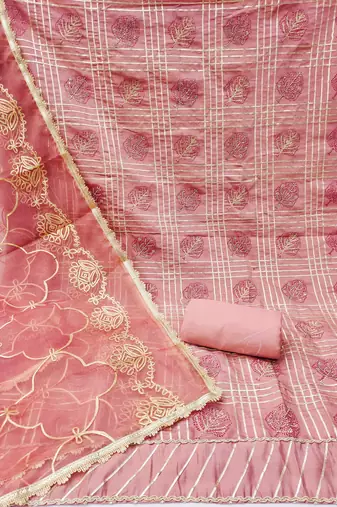 Peach embroidered cotton silk churidar dress-materials