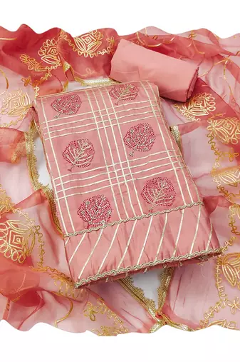 Peach embroidered cotton silk churidar dress-materials