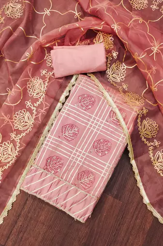 Peach embroidered cotton silk churidar dress-materials