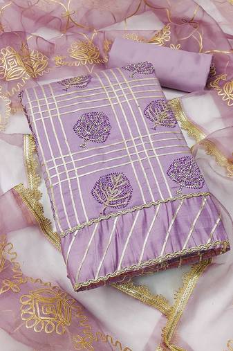 Purple embroidered cotton silk semi stitched churidar dress-materials