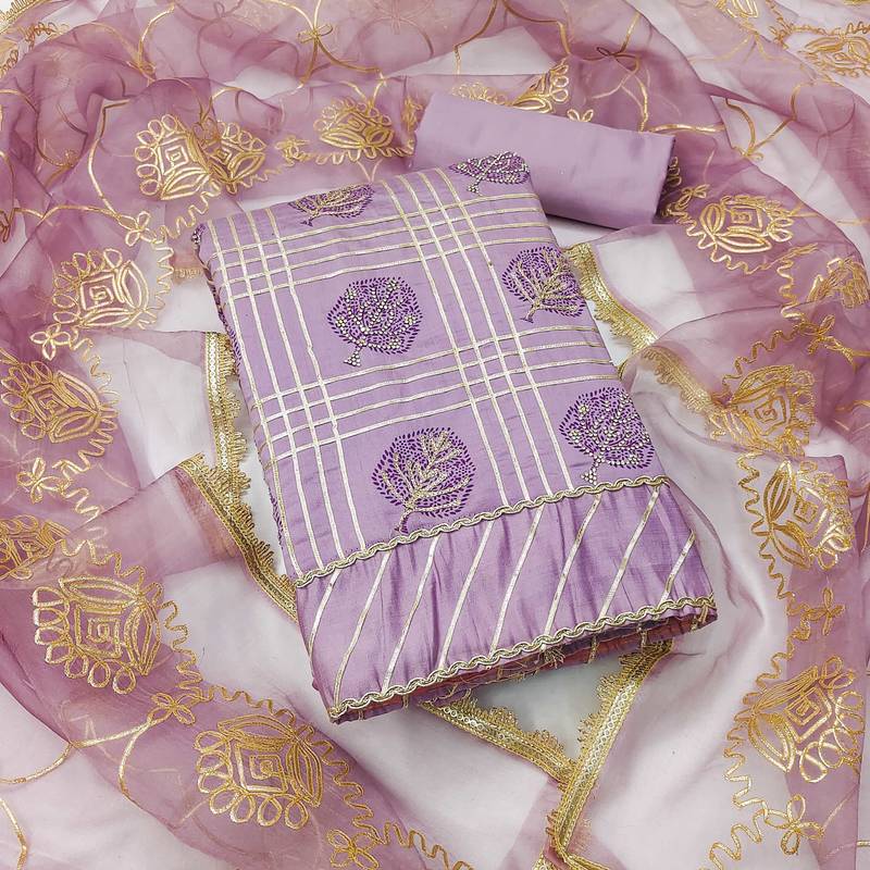 Purple embroidered cotton silk semi stitched churidar dress-materials