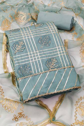 Turquoise embroidered cotton silk semi stitched churidar dress-materials