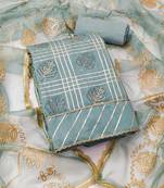 Turquoise embroidered cotton silk semi stitched churidar dress-materials