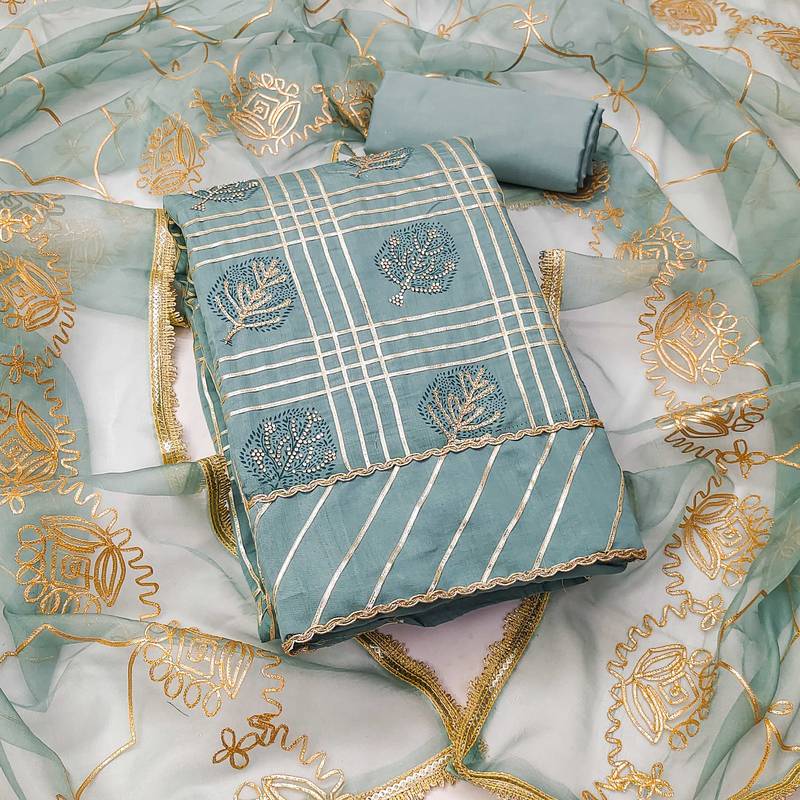 Turquoise embroidered cotton silk semi stitched churidar dress-materials